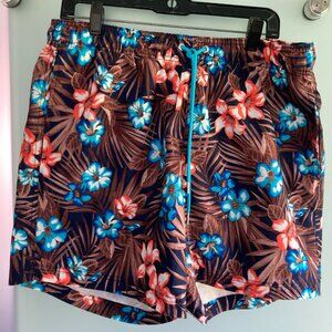 Lands End Mens Swim Trunks 36-38 Shorts Brown floral 4 pockets stretch XL L